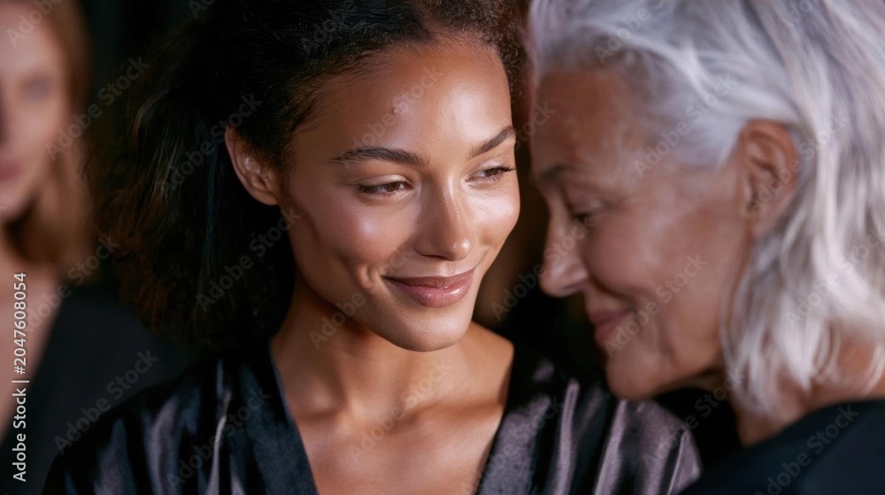 Fototapeta premium Close-up portrait of a young woman with dark hair, smiling at an older woman who is looking at her with a gentle expression.