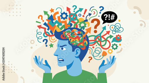 Photos Confused man with chaotic thoughts and questions.
