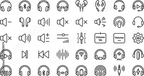 Bild auf Leinwand Black line vector icon set of headphones audio settings volume control adjustmen