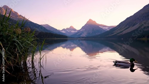 Peaceful duck glides on tranquil lake reflecting majestic mountains at sunrise.