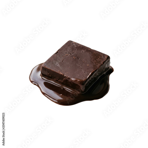 Square dark chocolate piece melting in liquid chocolate