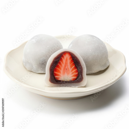 Ichigo Daifuku Strawberry Mochi Isolated on White Background Square Composition Studio Shot