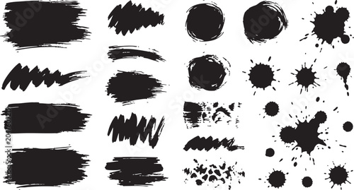 Fotografía Black brush strokes and ink splatters on white background