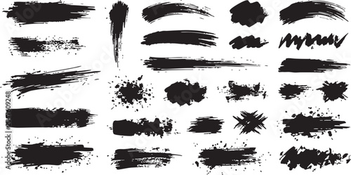Foto Diverse collection of black brush strokes and splatter textures for artistic des