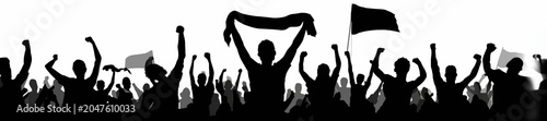 Crowd of enthusiastic supporters cheering and waving flags in celebration at a sports event or rally with raised hands and excitement