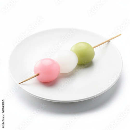 Hanami Dango Three Color Rice Dumplings Isolated on White Background Square Composition Studio Shot