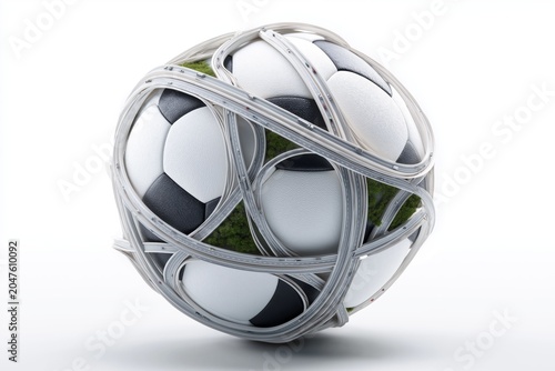 Creative 3D illustration of multiple giant soccer balls intertwined with complex elevated highways and green patches on white background