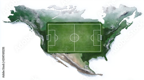 Aerial view of soccer field integrated into North America map landscape symbolizing sports and soccer enthusiasm across the continent
