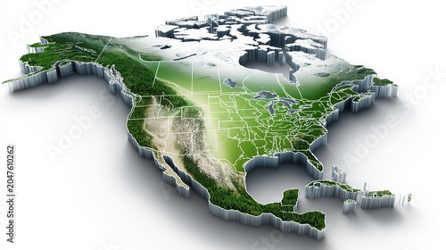 Detailed 3D topographic map of North America showing terrain elevation with snow cover forests and state borders clear and vibrant colors