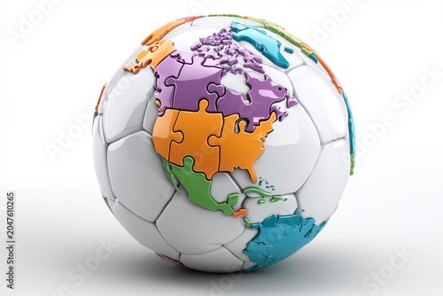 Soccer ball creatively designed as a colorful jigsaw puzzle globe featuring North America and surrounding regions on white background