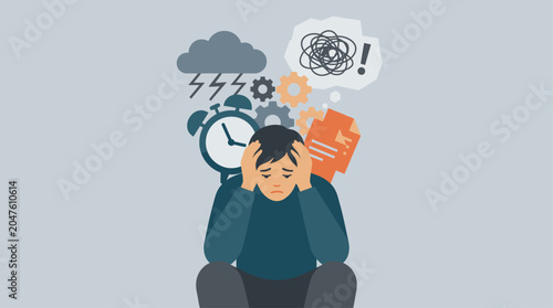 Foto Overwhelmed person with multiple thoughts and stress.