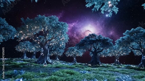 Magical fantasy forest with glowing trees under a vibrant nebula sky