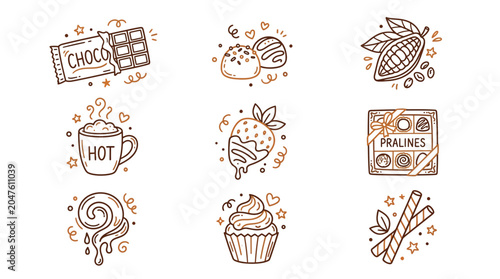 Obraz na płótnie Hand-drawn doodle icons of various chocolate treats and cocoa products, including a chocolate bar, truffles, hot chocolate, dipped strawberry, and a cupcake
