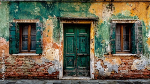 Rustic Venetian building facade with weathered emerald green wooden door and matching shutters on colorful peeling plaster wall featuring exposed red brick textures.