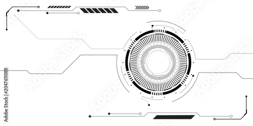 Futuristic sci-fi control panel interface with futuristic circular HUD display on white background