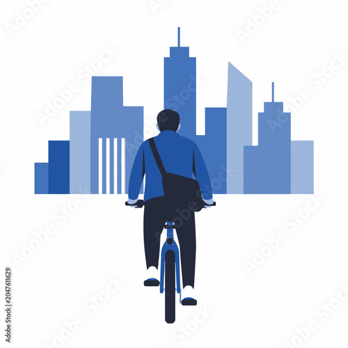 A man riding a bicycle toward a modern city.