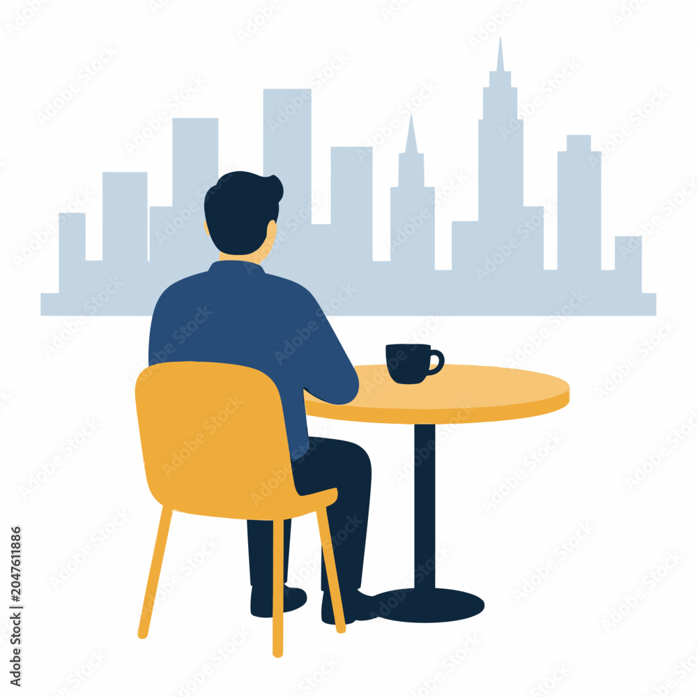Fototapeta premium A man sitting at a small round table with a cup of coffee.