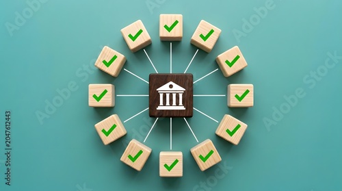 Government building icon surrounded by wooden blocks with green check marks in circle set.