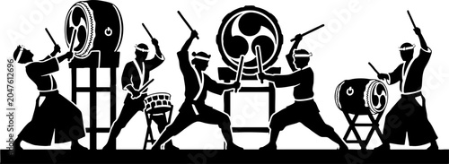 Traditional Japanese Taiko Drummers Performance Silhouette Vector