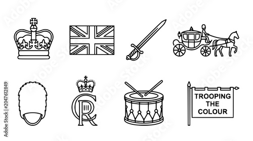 Fotografie British Royal Icons Set: Crown, Flag, Sword, Carriage, Guard, Monogram, Drum, Ba