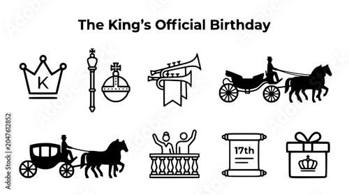 Bilde på lerret The King's Official Birthday Icons: Crown, Carriage, Trumpet, Scepter, Gift, Scr