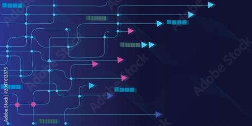 Schilderij op canvas Abstract data flow background with neon arrows and network lines, digital inform