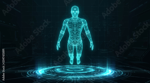 Futuristic Holographic Human Body Displayed in Digital Interface.