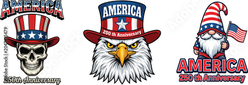 America 250th anniversary patriotic design set featuring skull, bald eagle, and gnome wearing Uncle Sam hat with US flag.