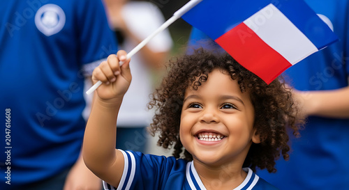 Happy young child with curly hair waving a french flag at a sports event