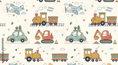 Bright, whimsical pattern: happy planes, trains, cars, excavators travel