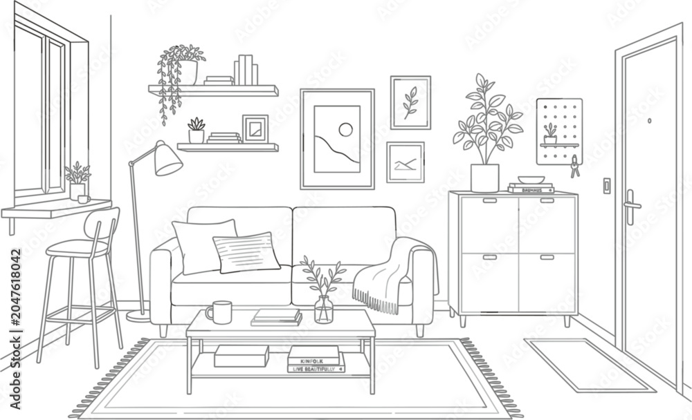 Fototapeta premium Living room vector illustration for home interior design poster with sofa plants lamp and modern line art