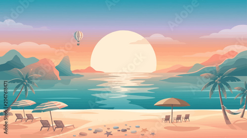 Foto Breathtaking sunset over a tropical beach with palm trees and a hot air balloon