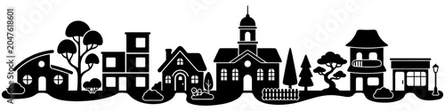 Tableau sur toile A charming silhouette of a quaint town with various buildings and trees, rendere