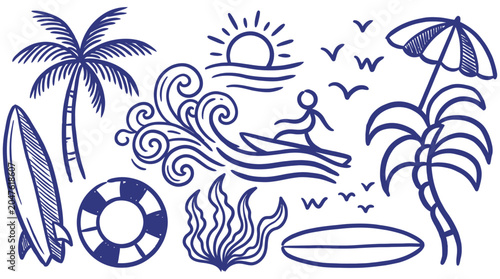 Foto Doodle icons of summer fun surfing, palm trees, waves, sun, and beach accessorie