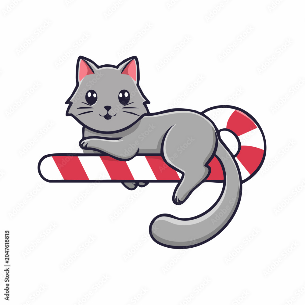 Fototapeta premium Cute Gray Cat Lying on Candy Cane
