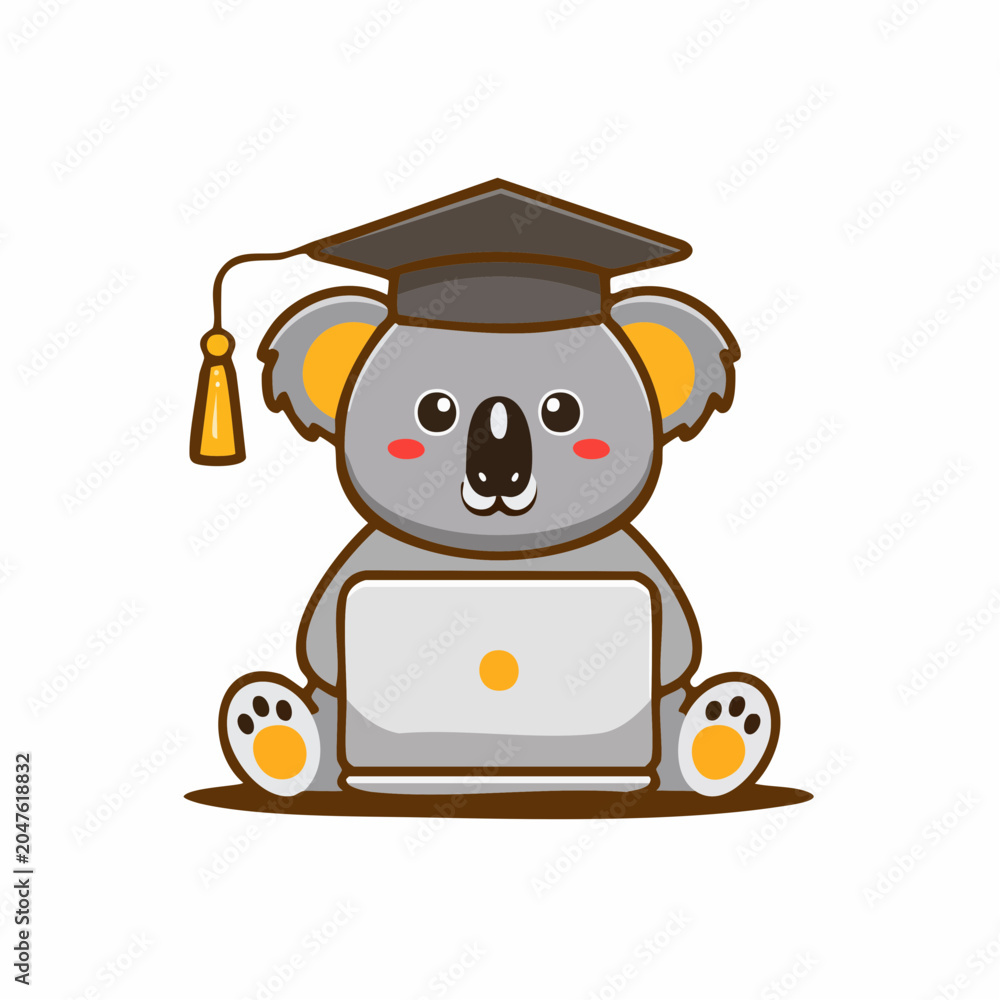Fototapeta premium Cute koala wearing graduation cap using laptop