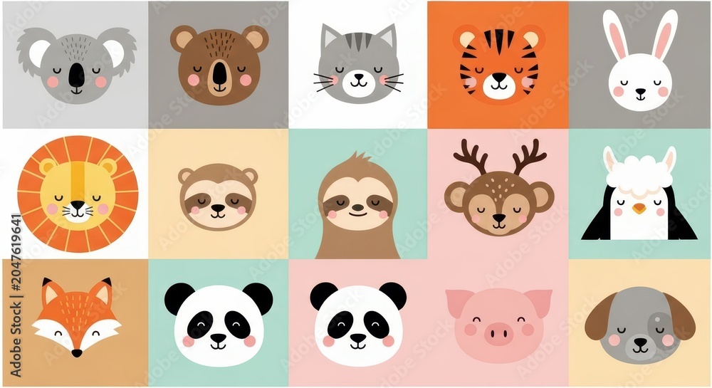 Fototapeta premium Set of Cute Animal Faces Vector Illustrations - Minimalist Flat Design Icons for Kids, Nursery, and Baby Shower Decor