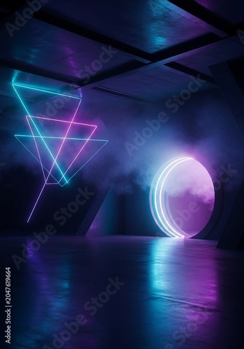 Ethereal geometric dance in neon haze.