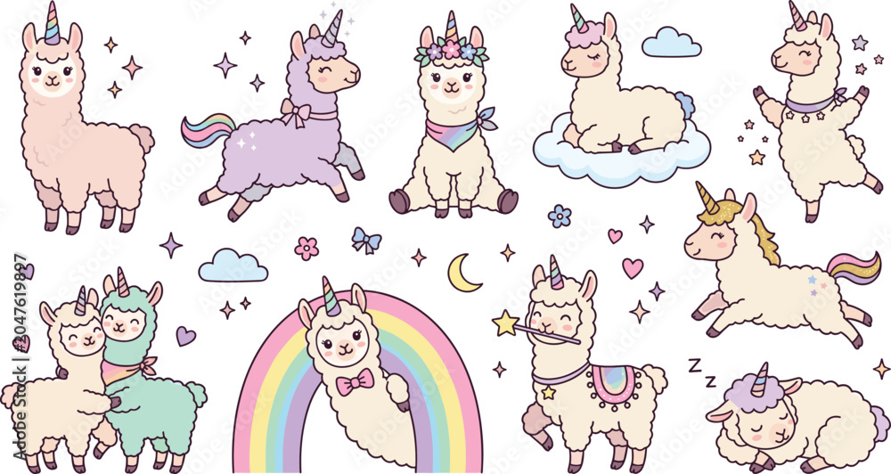 Fototapeta premium Cute Llamacorn and Unicorn Llama Character Set with Magical Rainbow, Stars, and Clouds for Kids Nursery Decor, Greeting Cards, and Sticker Vectors
