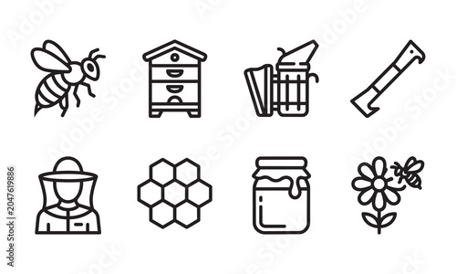A comprehensive collection of beekeeping tools and honey production outline icons on white