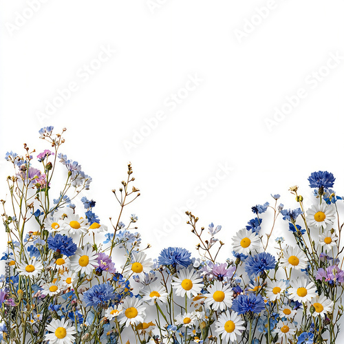 Daisies, bluebells, wildflowers and chamomile Flowers growing in a natural setting with bright colors and various types