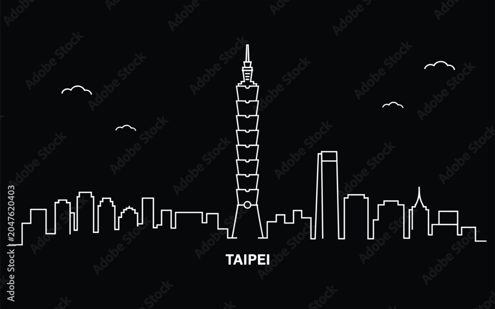 Fototapeta premium Minimalist black and white line graph with taipei skyline silhouette