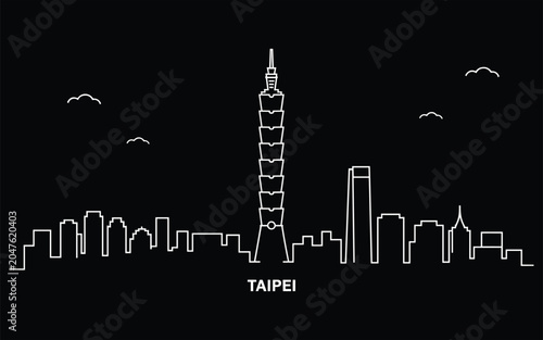Minimalist black and white line graph with taipei skyline silhouette