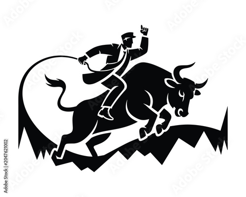 Black silhouette of cowboy riding bull with mountains in background