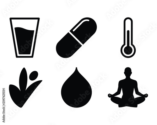 Black silhouettes of medicine and health symbols on white background