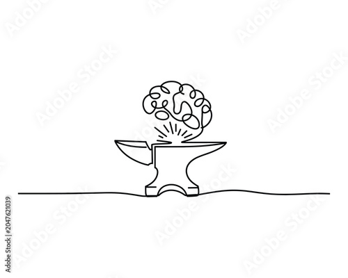 Brain on anvil with sparks flying out creative idea generation