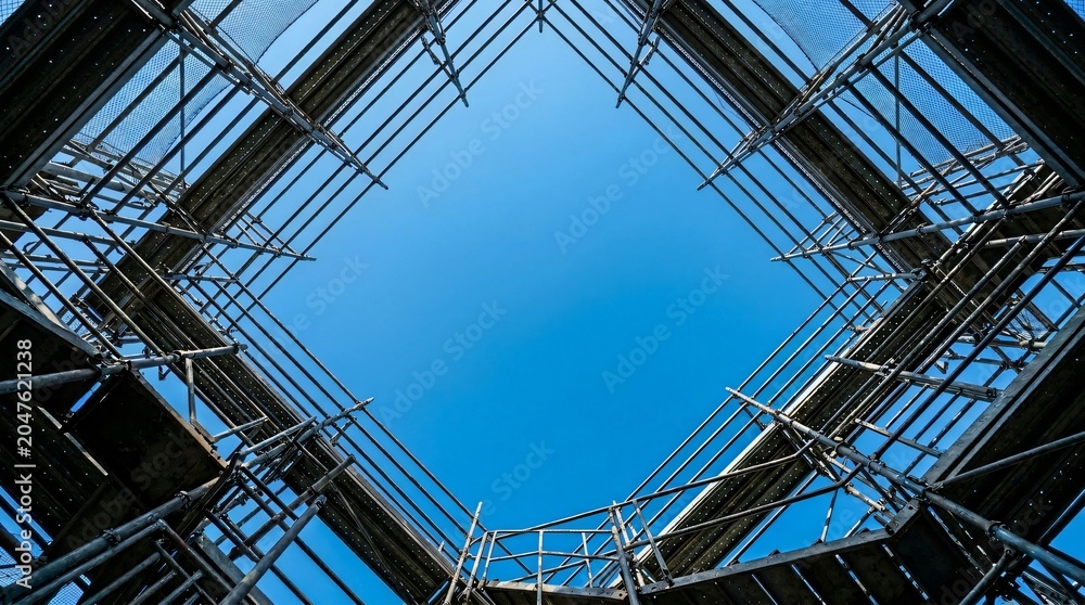 Fototapeta premium Scaffolding structure looking up at blue sky