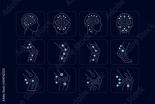 Neon outline icon set illustrating biomechanics and smart fitness technology on a dark background.