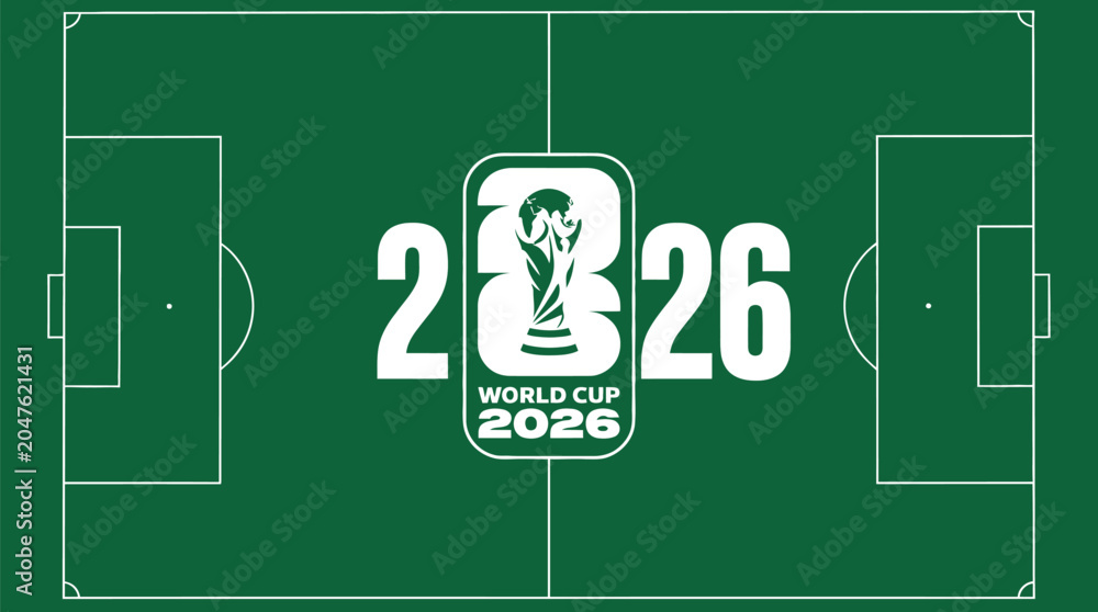 Fototapeta premium Soccer & Football World Cup 2026 Tournament Badge on Pitch Field Background for International Championship Event Branding and Promotional Design