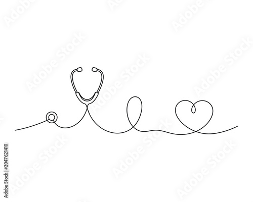Continuous line drawing of stethoscope connected to heart symbol